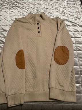 Men's Beige Knit Quarter-Zip Sweater with Brown Elbow Patches